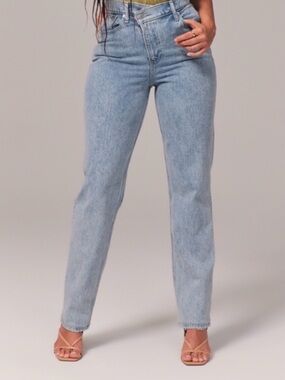 Abercrombie & Fitch crossover button Light Blue Straight Leg Dad Jeans